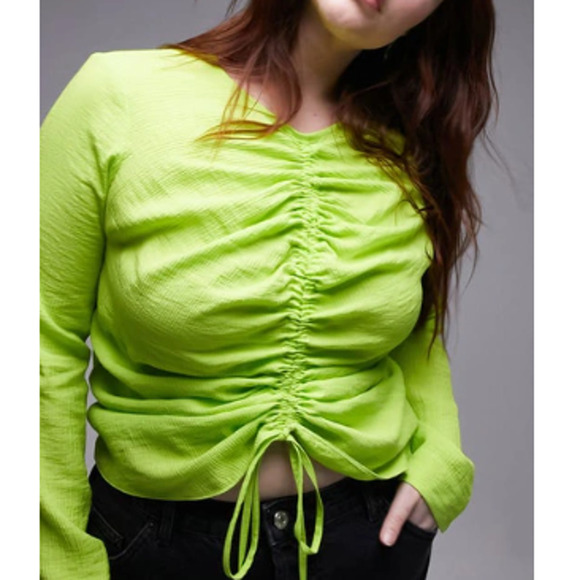 Nordstrom TOPSHOP ~ Lime Green Long Sleeve Ruched Front Top Size 8 VISCOSE - Picture 3 of 10